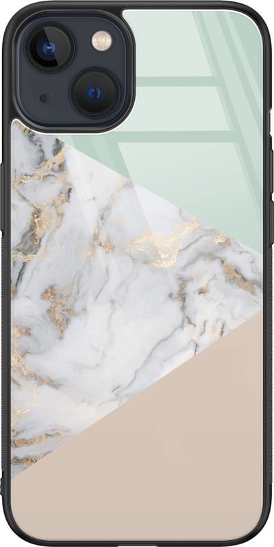 Hoesje geschikt voor iPhone 13 - Marmer pastel mix - Luxe Glazen Hardcase - Marmer - Multi - Leuke Telefoonhoesjes