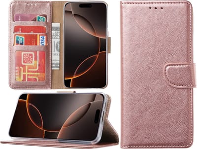 Hoesje Geschikt voor iPhone 16 Pro Max hoesje – portemonnee bookcase met pasjeshouder – Rosegoud