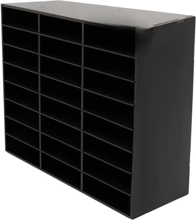 Literatuurorganizer – Voor het sorteren van papier, post en documenten in kantoor of klaslokaal – 24 compartimenten met verwijderbare planken voor flexibel gebruik – 30,0 × 25,0 × 35,0 cm – zwart, grijs en wit – kunststof