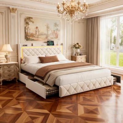 Gestoffeerd Bed - Tweepersoonsbed Opbergruimte - Slaapkamer Inrichten - Met LED Hoofdeinde - 140 x 200 cm - Beige Fluweel