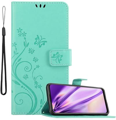 Cadorabo Hoesje geschikt voor Huawei NOVA 6 SE / P40 LITE / NOVA 7i in BLOEMEN TURKOOIS - Beschermhoes in bloemmotief met magnetische sluiting, standfunctie en kaartsleuven Book Case Cover Etui