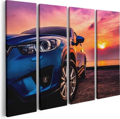 Artaza Canvas Schilderij Vierluik Blauwe Sportwagen Auto Bij Zonsondergang - 80x60 - Foto Op Canvas - Canvas Print