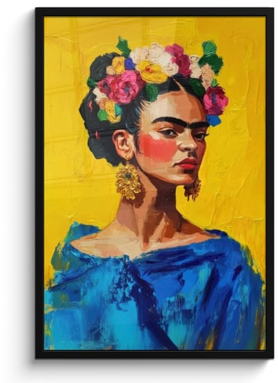 Poster in lijst - Fotolijst 60x90 cm - Posters - Frida Kahlo - Vrouw - Geel - Blauw - Bloemen - Posterlijst zwart - Decoratie - Wanddecoratie woonkamer - Muurdecoratie slaapkamer