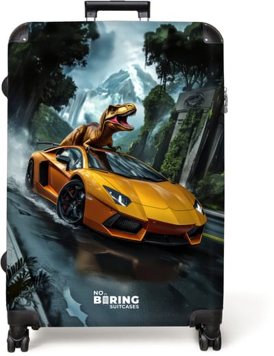 NoBoringSuitcases.com® - Koffer groot - Reiskoffer lichtgewicht - T-Rex op oranje sportauto in regenachtig woud - Rolkoffer met 4 wielen - Grote trolley XL - 98 liter bagage