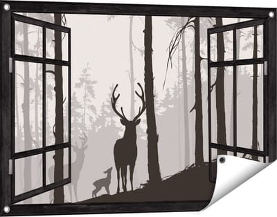 Gards Tuinposter Doorkijk Herten in het Bos - Silhouet - 90x60 cm - Tuindoek - Tuindecoratie - Wanddecoratie buiten - Tuinschilderij