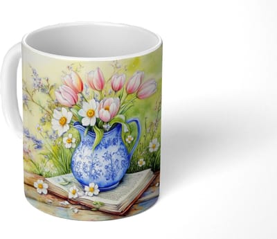 Mok - Koffiemok - Vaas - Delftsblauw - Madeliefjes - Mokken - 350 ML - Beker - Koffiemokken - Theemok
