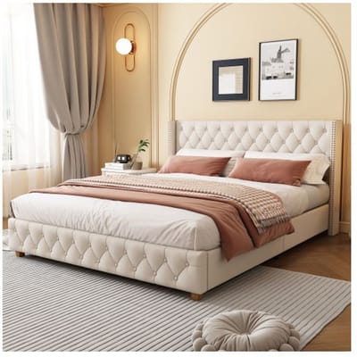 Gestoffeerd bed - MUVOE - 160x200 cm - Beige linnen - Lattenbodem - Ronde houten poten beige