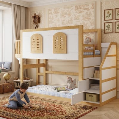 Hoogslaper 90x200 cm - Speelruimte en Trapkast - Raamdesign en Lattenbodem - Grenenhout MDF Multiplex - Wit Naturel