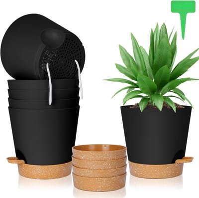Set van 6 Zelfwaterende Plantenpotten van 20 cm, Zwart, Modern Ontwerp, Geschikt voor Binnenplanten, Duurzaam en Handig