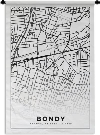 Wandkleed - Wanddoek - Kaart - Bondy - Stadskaart - Frankrijk - Plattegrond - Zwart wit - 120x180 cm - Wandtapijt