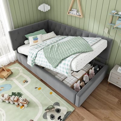 MODFU - Bedbank – 90x190 cm – Hydraulische opbergruimte – Verstelbaar hoofdbord – Grijs fluweel