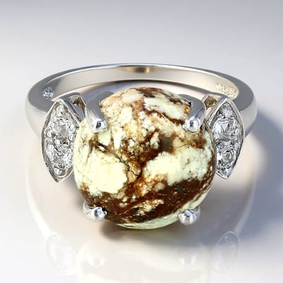 Cavill - Zilveren Ring met 5,55 ct Braziliaanse Magnesiet & 0,229 ct Witte Topaas - 925 Sterling Zilver - Elegante Cabochon - Boho Maat 17