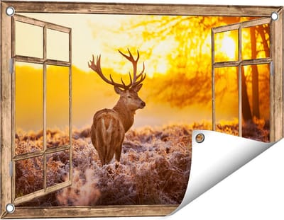 Gards Tuinposter Doorkijk Hert in Bos tijdens de Zonsopkomst - 60x40 cm - Tuindoek - Tuindecoratie - Wanddecoratie buiten - Tuinschilderij