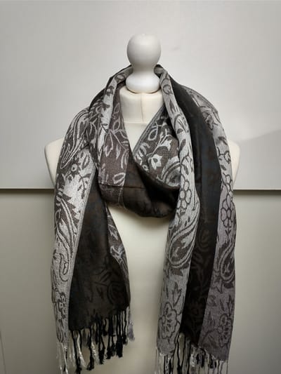 Lange dames sjaal Magda paisleymotief bruin zwart ecru beige grijs