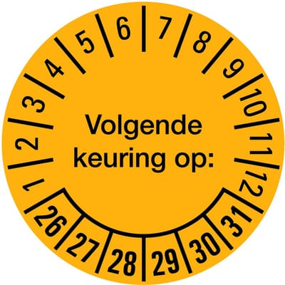 Volgende keuring op sticker 26-31 op vel 20 mm - 36 per vel