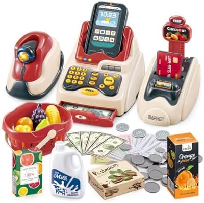 Speelgoedkassa set voor kinderen - Supermarkt Pret en Spelen met Scanner, Creditcard, Speelgoedvoedsel, Geld en Winkelmandje