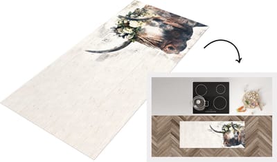 Keukenloper - Loper keuken - Schotse hooglander - Rozen - Krantenpapier - 120x50 cm - Keukenloper vinyl