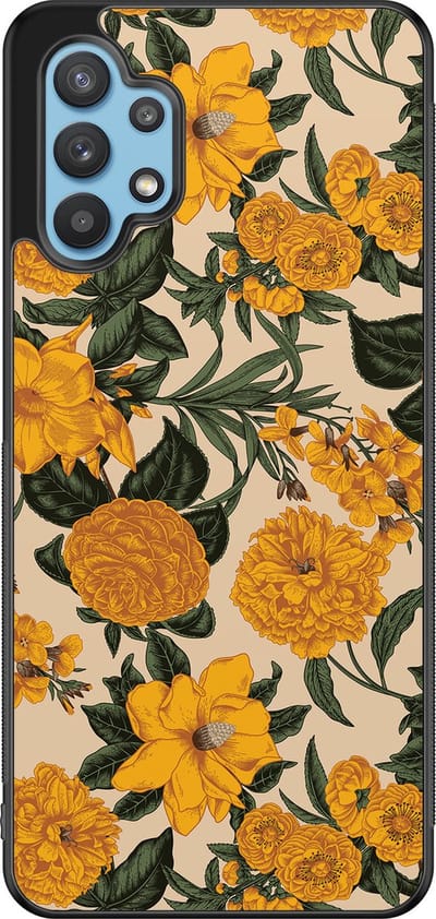 Leuke Telefoonhoesjes - Hoesje geschikt voor Samsung Galaxy A32 5G - Retro flowers - Backcover zwart - Bloemen - Geel