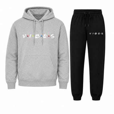 Trainingspak Heren - Joggingpak met Hoodie en Sportbroek - Katoen - Vibes print - Grijs - XS