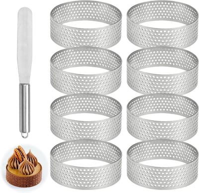 Set van 8 Ronde Bakringen voor Taartjes, Perforated Mousse Cake Ringen, Roestvrijstalen Muffin Molden, Ideaal voor Desserts en Gebak (Diameter 6cm)