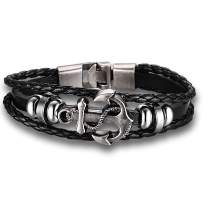 Victorious Leren Armband Heren – RVS Roestvrij Staal – Anker - Zwart/Zilver – 18cm