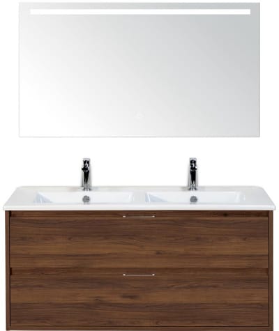 Porto Badmeubelset 120 cm - 2 Laden Walnoot - Keramische Wastafel Wit Slim met Sence Spiegel