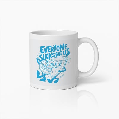 Grappige Vriendschap Mok 330ml – “Everyone Sucks But Us” – Humoristische Cartoon Koffiebeker – Perfect Cadeau voor Beste Vrienden of Stellen