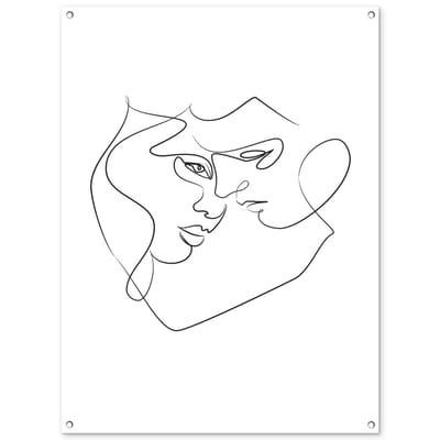 Tuinposter 90x120 cm - Tuindecoratie Abstracte line art van een koppel met de hoofden bij elkaar - Poster voor in de tuin - Buiten decoratie - Schutting tuinschilderij - Tuindoek muurdecoratie - Wanddecoratie balkondoek