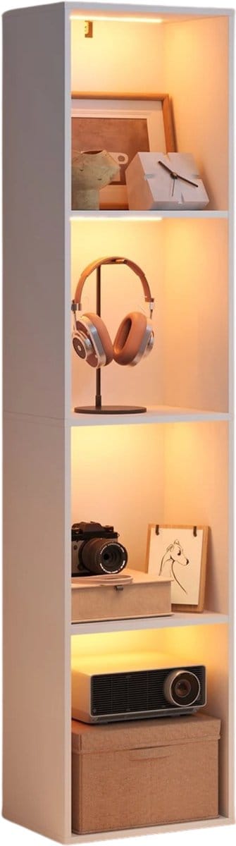 Stervia Boekenkast 4 Vakken Met Verlichting - Draagvermogen Per Plank 10 KG - 25 Kleuren - Wit - 40x29x170cm