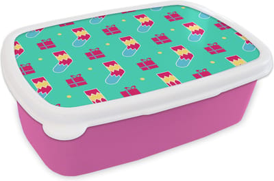 Broodtrommel Roze - Lunchbox - Brooddoos - Sokken - Cadeau - Patroon - 18x12x6 cm - Kinderen - Meisje