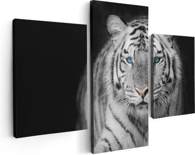 Artaza Canvas Schilderij Drieluik Tijger Met Blauwe Ogen - Zwart Wit - 90x60 - Foto Op Canvas - Canvas Print
