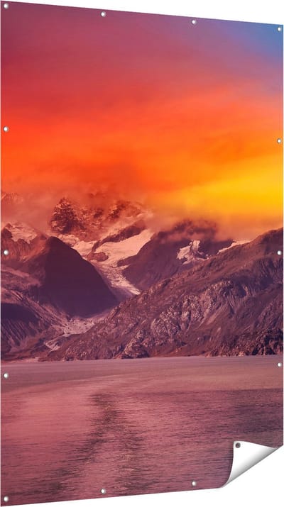 Gards Tuinposter Meer bij de Bergen bij Zonsondergang - 120x180 cm - Tuindoek - Tuindecoratie - Wanddecoratie buiten - Tuinschilderij
