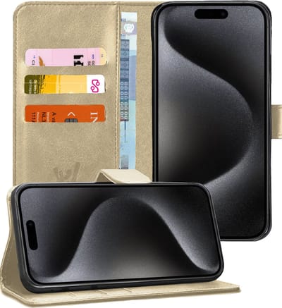 Hoesje geschikt voor iPhone 15 Pro - Book Case Kunstleer Pasjeshouder Goud