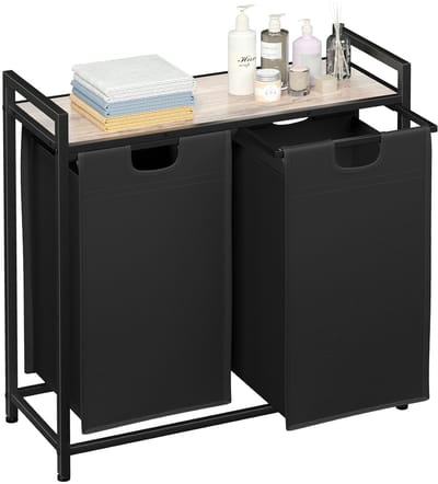 Wasmand met 2 vakken, wasverzamelaar met plank, wasbox van Oxford-weefsel, uittrekbaar afneembaar, 38 l x 2, stalen frame en bovenste plank, 73 x 30 x 72 cm, grijs EHLS02GY