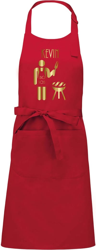 Naam cadeau - Barbecueschort - BBQ Boss - rood - opdruk goud -  cadeau Vaderdag - trouwdag - verjaardag - jubileum -