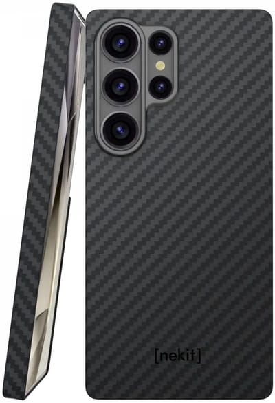 NEKIT Fiber Hoesje Geschikt voor Samsung Galaxy S25 Ultra - Compatibel met MagSafe / Qi2 - High-tech Kevlar Aramidevezels 1500D - Back Cover Ultra Dun - Grijs/Zwart