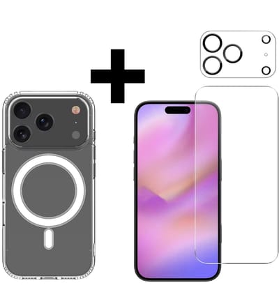 VOWLUX Compatible iPhone 17 Pro Max MagSafe hoesje 3-in-1 tempered glass set – transparant val bestendig hoesje + screenprotector + cameralens protector