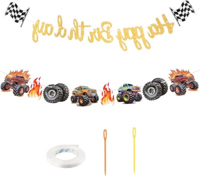 Feestelijke Monster Truck Verjaardagsbanner voor Kinderen - Versiering met Raceauto's en Voertuigen voor een Themafeest