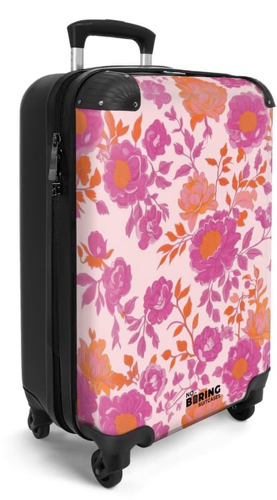 NoBoringSuitcases.com® - Handbagage koffer lichtgewicht - Reiskoffer trolley heren - Roze met paarse bloemen - Reis rolkoffer met wieltjes - Carry on reistrolley op wielen - Luggage suitcase - 55x40x20 en 55x35x25 - Bagage 55 cm