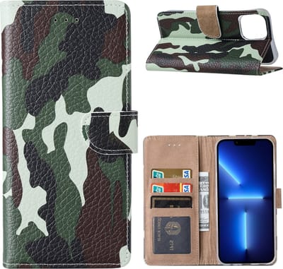 Hoesje Geschikt voor iPhone 13 Hoesje Camouflage Legerprint - Hoesje Geschikt voor iPhone 13 Boek Hoesje / Portemonnee cover - Camouflage Hoesje Geschikt voor iPhone 13 6.1
