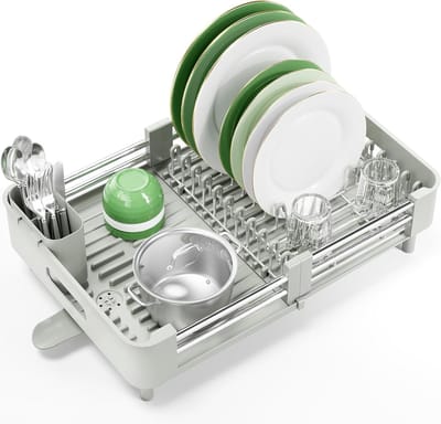 Uitbreidbaar en Vouwbaar Afwasrek voor Keuken, RVS Afwasrek met Verwijderbare Bestekhouder, Krasbestendige Platenhouder in Grijs/Wit