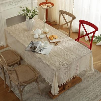 KZQ Gehaakt Boho Tafelkleed Met Opengewerkt Patroon En Kwastjes Rechthoekig 150x178 Cm Geometrisch Streepmotief Voor Feestjes Verjaardagen En Diners