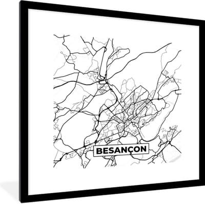 Fotolijst incl. Poster Zwart Wit- Stadskaart - Besançon - Plattegrond - Kaart - Frankrijk - Zwart wit - 40x40 cm - Posterlijst