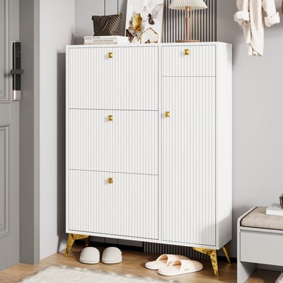 MODENUIT Schoenenkast - Met 3 Kleppen, Lade En Deur - Voor Hal En Entree - Spaanplaat En Metaal - 90x25x121 Cm