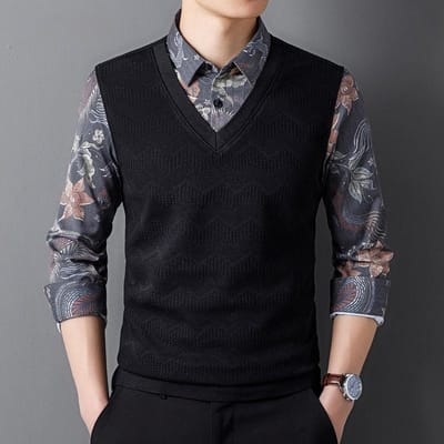Lente en Herfst Fake Tweedelige Heren Overhemden Nieuwe Casual Heren Veelzijdige Pullover Trui Tops 4XL black