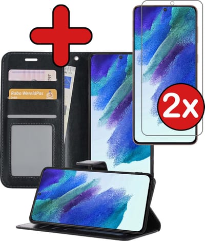 Hoesje - Met 2x Screenprotector - Geschikt voor Samsung Galaxy S21 FE - Luxe Pasjeshouder - Flip Case - Bookcase Portemonee - Kunstleer Book Case - Flipcase Hoes - Book Cover - Walletcase - Portemonneehoes - Telefoonhoes - Zwart