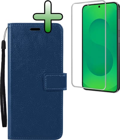 Hoesje Met Screenprotector - Geschikt voor Samsung Galaxy S25 FE - Luxe Pasjeshouder - Bookcase Portemonee - Flip Case - Kunstleer Book Case - Flipcase - Book Cover - Walletcase - Portemonneehoes - Donkerblauw