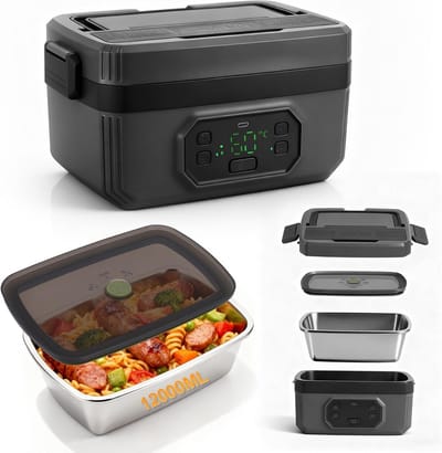 Elektrische Lunchbox - Draagbare Maaltijdwarmer - Warme Maaltijden Onderweg - Krachtige Batterij Verwarming - 1.2 Liter Inhoud - Zwart