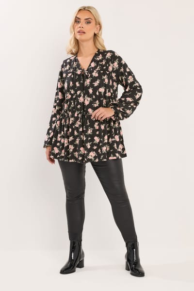 Yours Top Met Bloemenmotief, Gestrikte Voorkant En Plooitjes In Zwart/Roze Size 42