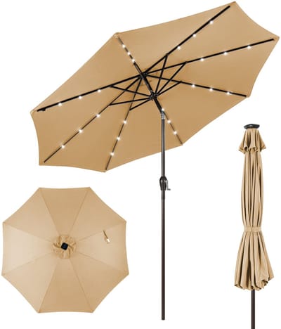 COSTWAY Parasol 300 cm met led-verlichting, tuinparasol met zwengel, aan beide zijden 30° knikbaar, terrasparasol met 8 ribben, marktscherm voor tuin, balkon, terras, beige